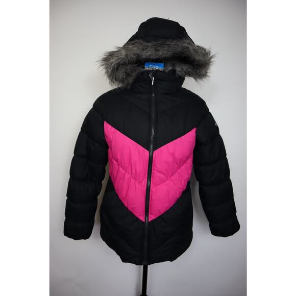 Columbia Girls Black and Pink Waterproof Hooded Puffer Jacket Size Youth L - Picture 1 of 6